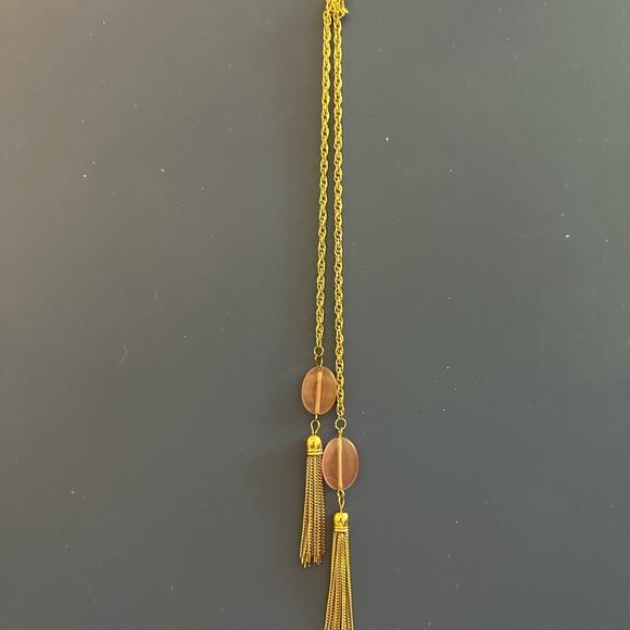 Stylish Gold Tone Lariat Necklace with Tassels & Pink Quartz - Picture 4 of 4